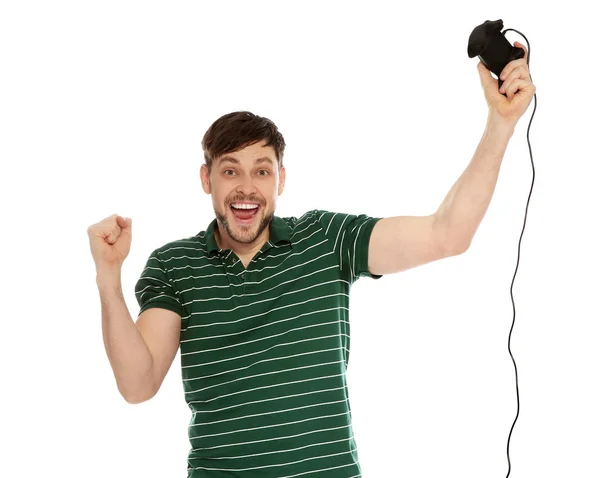 Συναισθηματικός άνθρωπος παίζοντας βιντεοπαιχνίδια με χειριστήριο απομονωμένη σε λευκό — Φωτογραφία Αρχείου