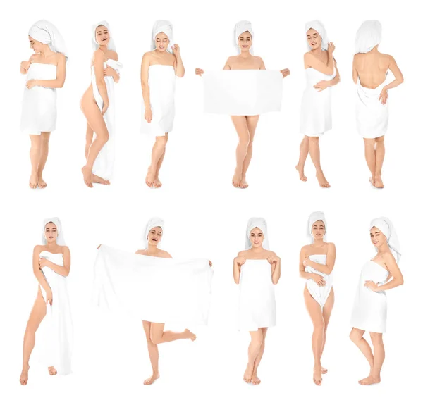 Set di bella giovane donna con asciugamani su sfondo bianco — Foto Stock
