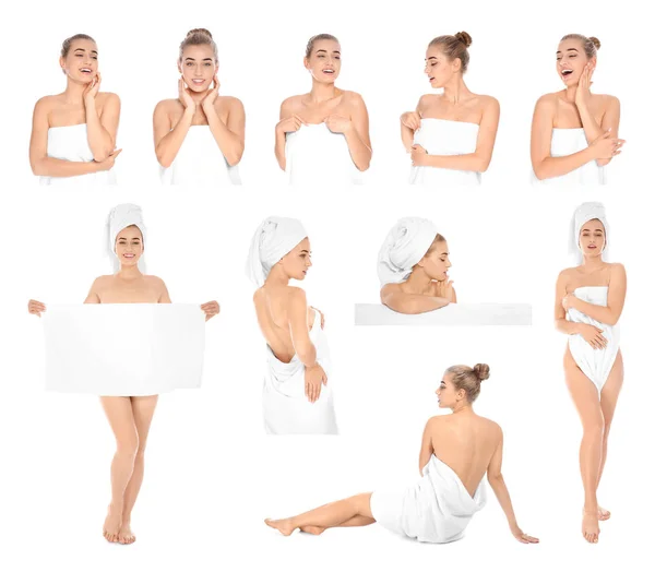 Conjunto de hermosa mujer joven con toallas sobre fondo blanco —  Fotos de Stock