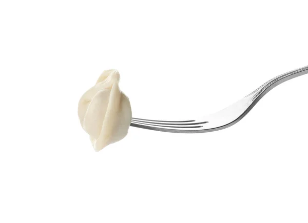 Tenedor con sabroso dumpling aislado en blanco — Foto de Stock