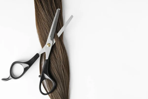 Cabello castaño y tijeras de adelgazamiento sobre fondo blanco, vista superior. Servicio de peluquería — Foto de Stock