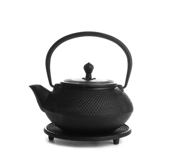 黑色茶壶，独立于白色之上 图库图片