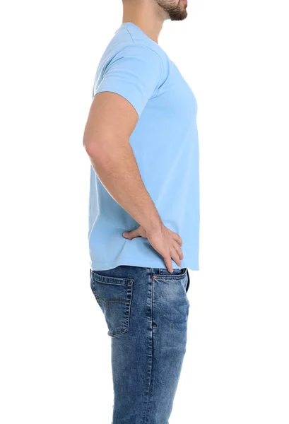Jongeman op witte achtergrond, close-up. Verlies van het gewicht — Stockfoto