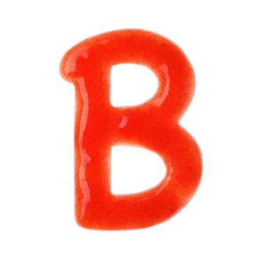 B harfi beyaz arka planda kırmızı sos ile yazılmış