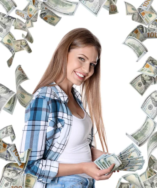 Porträt einer glücklichen jungen Frau mit Geld und fliegenden amerikanischen Dollars auf weißem Hintergrund — Stockfoto