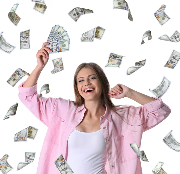 Retrato de mulher jovem feliz com dinheiro e voar dólares americanos em fundo branco — Fotografia de Stock