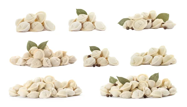 Set of piles with delicious uncooked dumplings on white background — Stock Photo, Image