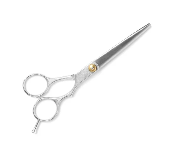 Nowe nożyczki na białym tle, widok z góry. Profesjonalne narzędzie fryzjerskie — Zdjęcie stockowe
