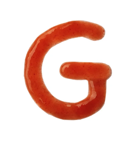 Lettera G scritta con salsa rossa su sfondo bianco — Foto Stock