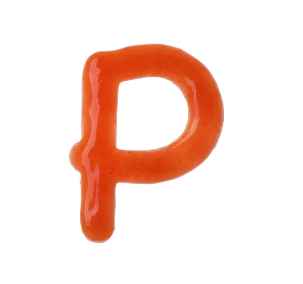 Letter P written with red sauce on white background — Stock Photo, Image