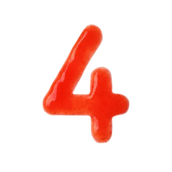 Número 4 escrito com molho vermelho no fundo branco — Fotografia de Stock