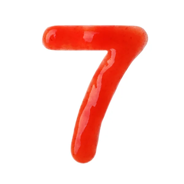 Číslo 7 napsané červenou omáčkou na bílém pozadí — Stock fotografie