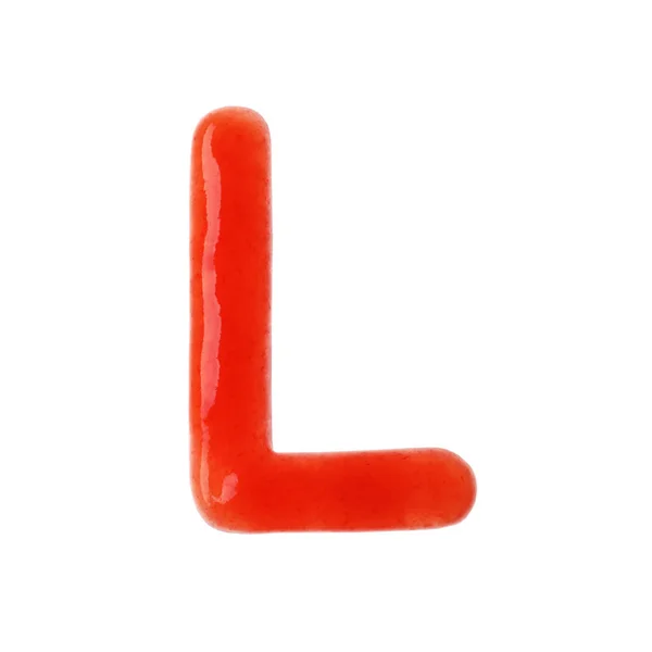 Buchstabe l geschrieben mit roter Sauce auf weißem Hintergrund — Stockfoto