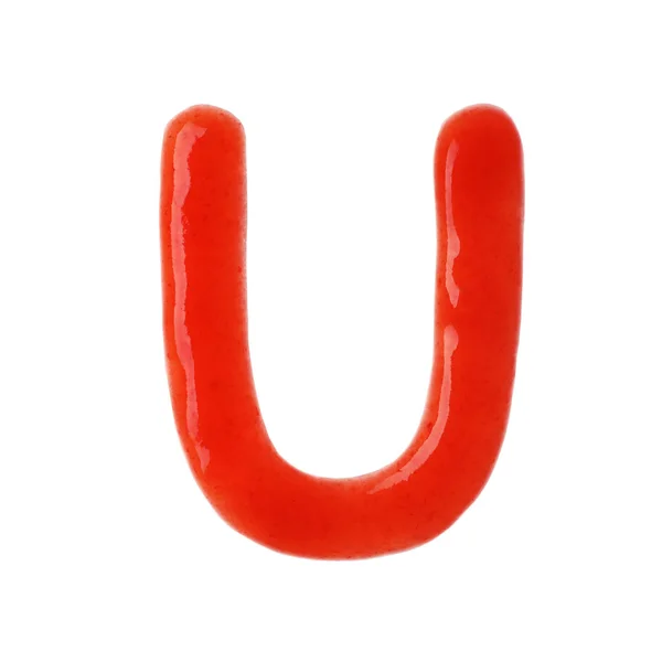 Buchstabe u geschrieben mit roter Sauce auf weißem Hintergrund — Stockfoto