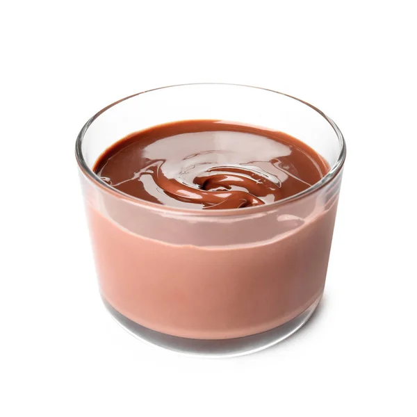 Üveg ízletes csokoládé krémmel izolált fehér — Stock Fotó