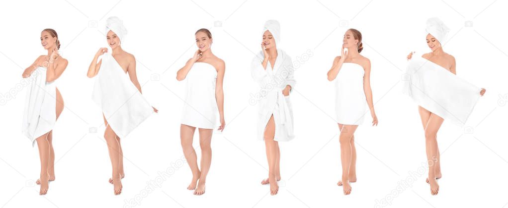 Set of beautiful young woman in bathrobe with towels on white background