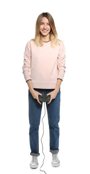 Emotionele jonge vrouw spelen van video games met controller geïsoleerd op wit — Stockfoto