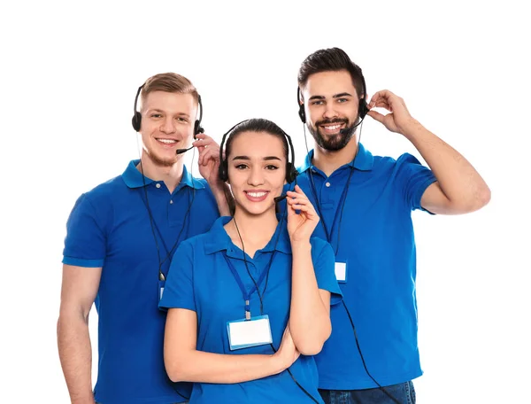 Technische support exploitanten met headsets geïsoleerd op wit — Stockfoto