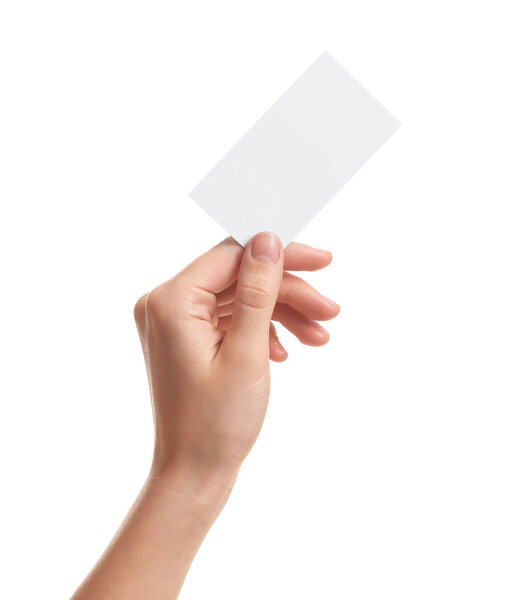 Woman holding empty business card isolated on white, closeup