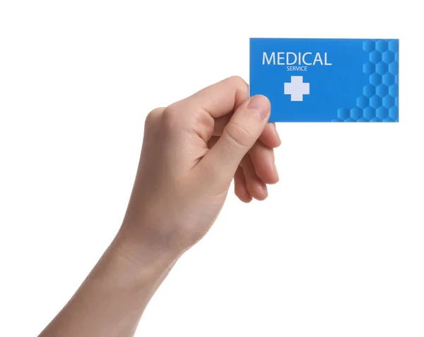 Mujer con tarjeta de visita aislada en blanco, primer plano. Servicio médico —  Fotos de Stock
