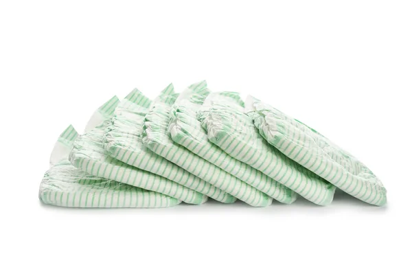 Pile of disposable diapers on white background. Baby accessories — Stock Photo, Image