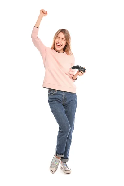 Emocional joven mujer jugando videojuegos con controlador aislado en blanco — Foto de Stock