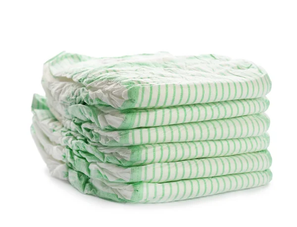 Stack of disposable diapers on white background. Baby accessories — Stock Photo, Image