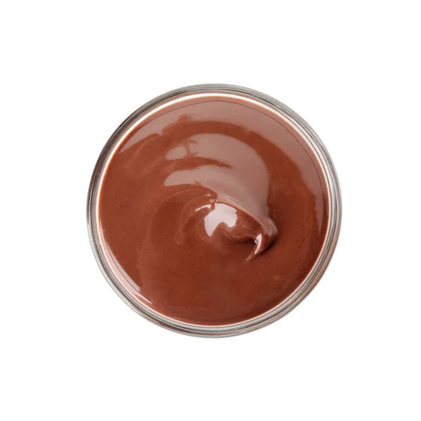 Стекло с вкусным шоколадным кремом, изолированным на белом, вид сверху — стоковое фото