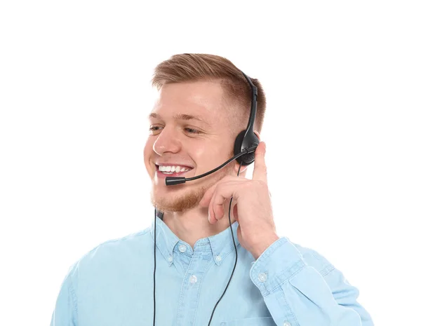 Retrato del operador de soporte técnico con auriculares aislados en blanco — Foto de Stock