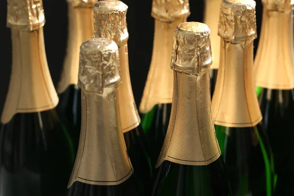 Many bottles of champagne on dark background, closeup — Stock Photo, Image