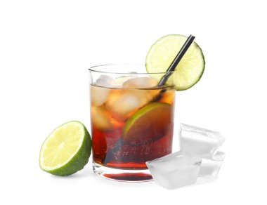 Glass of cocktail with cola, ice and cut lime on white background clipart