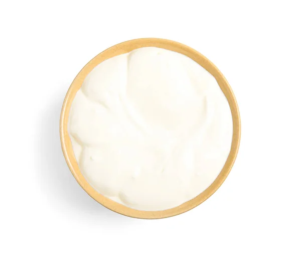 Bowl with creamy yogurt on white background, top view — Stock Photo, Image