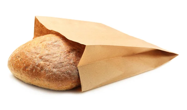 Saco de papel com pão sobre fundo branco. Espaço para design — Fotografia de Stock