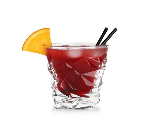 Glass of Red Cosmo cocktail on white background. Traditional alcoholic drink — Stock Photo, Image
