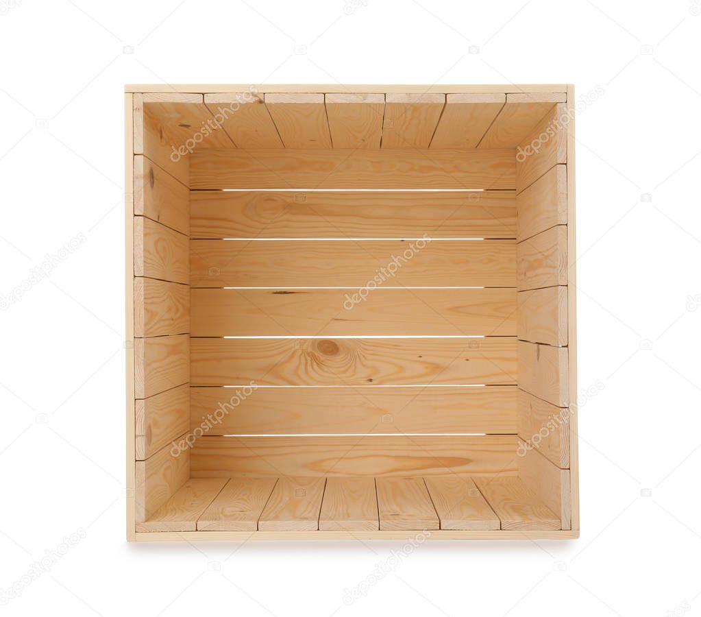 Open new wooden crate isolated on white