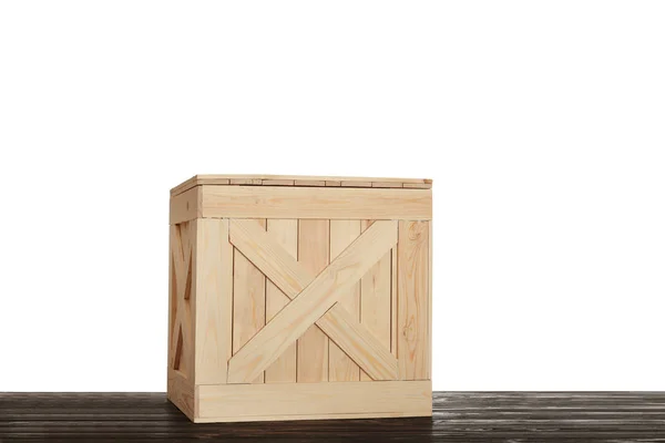 Wooden crate on table against white background. Space for text — Stock Photo, Image
