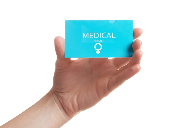 Chica con tarjeta de visita médica aislada en blanco, primer plano. Servicios de salud de las mujeres — Foto de Stock