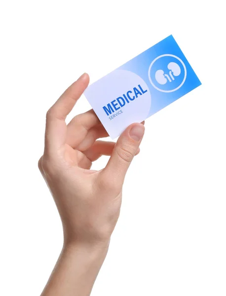 Mulher segurando cartão médico isolado em branco, close-up. Serviço de nefrologia — Fotografia de Stock