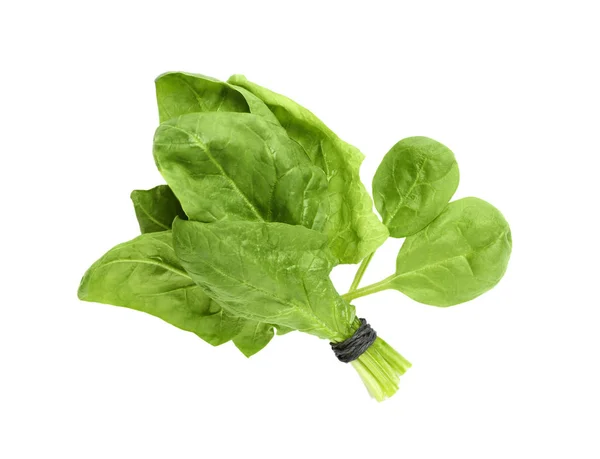 Bundle and fresh spinach leaves isolated on white, top view — Stock Photo, Image