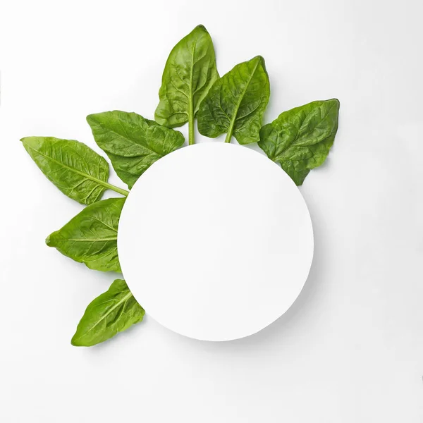 Blank card and fresh spinach leaves isolated on white, top view. Space for text — Stock Photo, Image