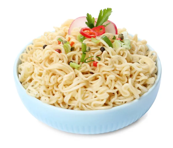 Tasty instant noodles with vegetables in bowl isolated on white — Stock Photo, Image