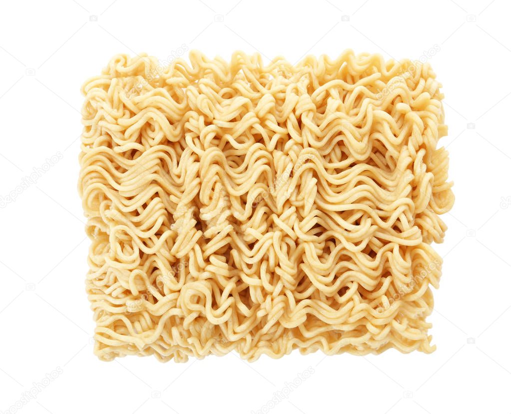 Quick cooking noodles isolated on white, top view