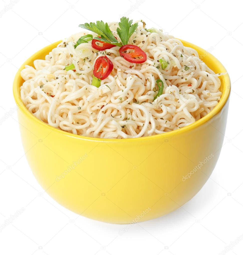 Tasty instant noodles with chili pepper in bowl isolated on white