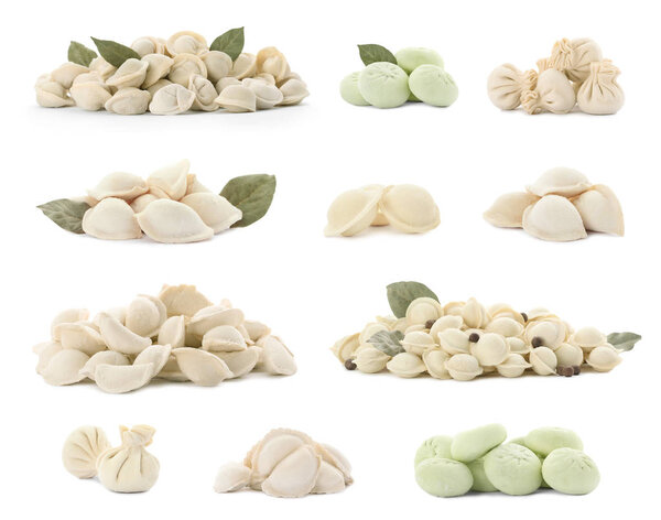 Набор вкусных сырых пельменей на белом фоне
  