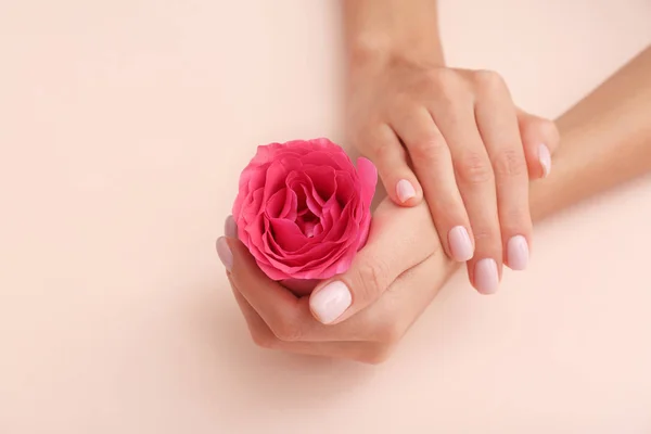 Vista de cerca de la mujer con rosa en el fondo de color, espacio para el texto. Tratamiento de spa — Foto de Stock