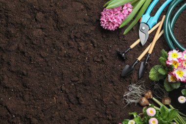 Zemin üzerinde metin için Bahçe Ekipmanları ve alan ile düz yatıyordu kompozisyon