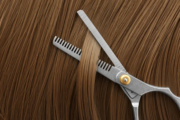 Thinning scissors on light brown hair, top view. Hairdresser service — Stock Photo, Image