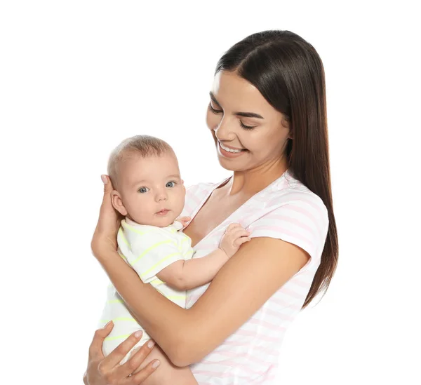 Ritratto di madre felice con il suo bambino isolato su bianco — Foto Stock