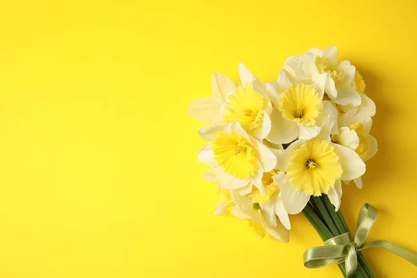 Букет нарцисів на кольоровому фоні, вид зверху з пробілом для тексту. Свіжі весняні квіти — стокове фото