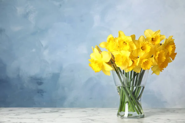 Bouquet a Nárciszok váza az asztalra a színes háttér, hely a szöveg. Friss tavaszi virágok — Stock Fotó